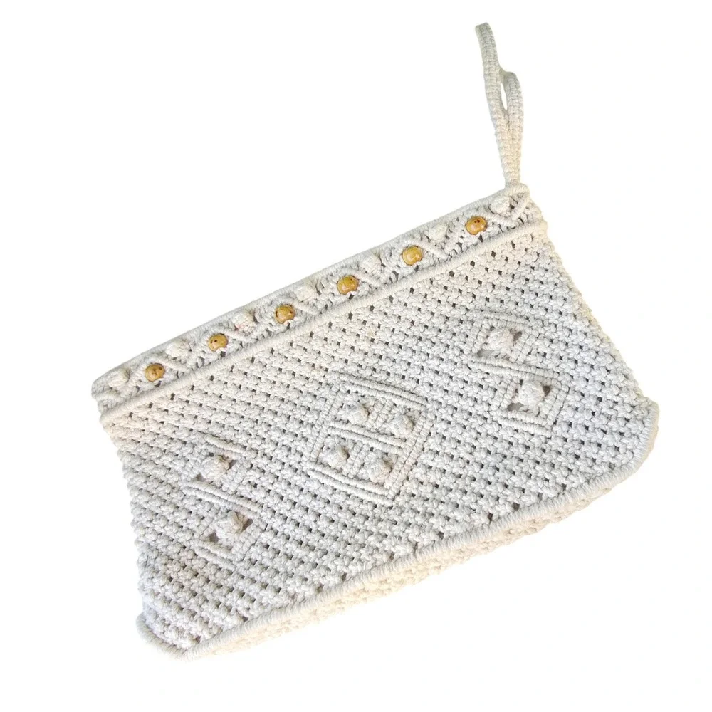 Vintage Macrame Clutch‎ Purse Woven Boho Bag Handbag Beaded Beige Handmade Retro